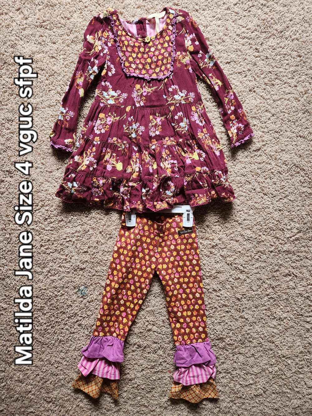 Matilda Jane Girls Plum Floral Tunic with Patterned Ruffle Leggings